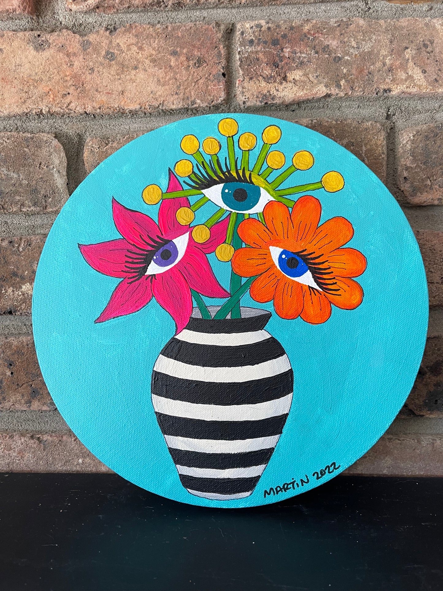 Eye Flowers on 10x10" round canvas - Original Art - FREE SHIPPING in US