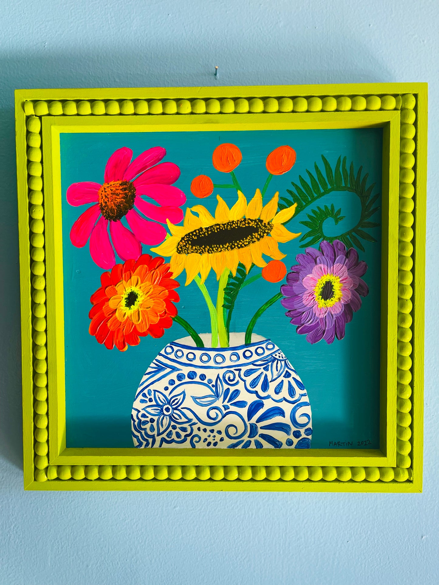 Bright Summer Flowers on 16x16" Framed Wooden Panel - FREE SHIPPING IN US