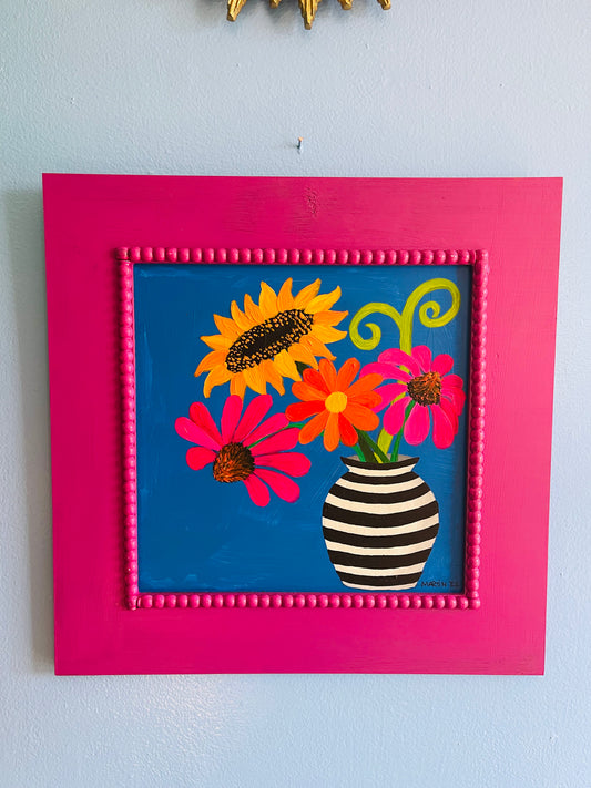 Late Summer Flowers in Black and White Vase - Acrylic on 16x16" Framed Wood Panel - Free Shipping in the US