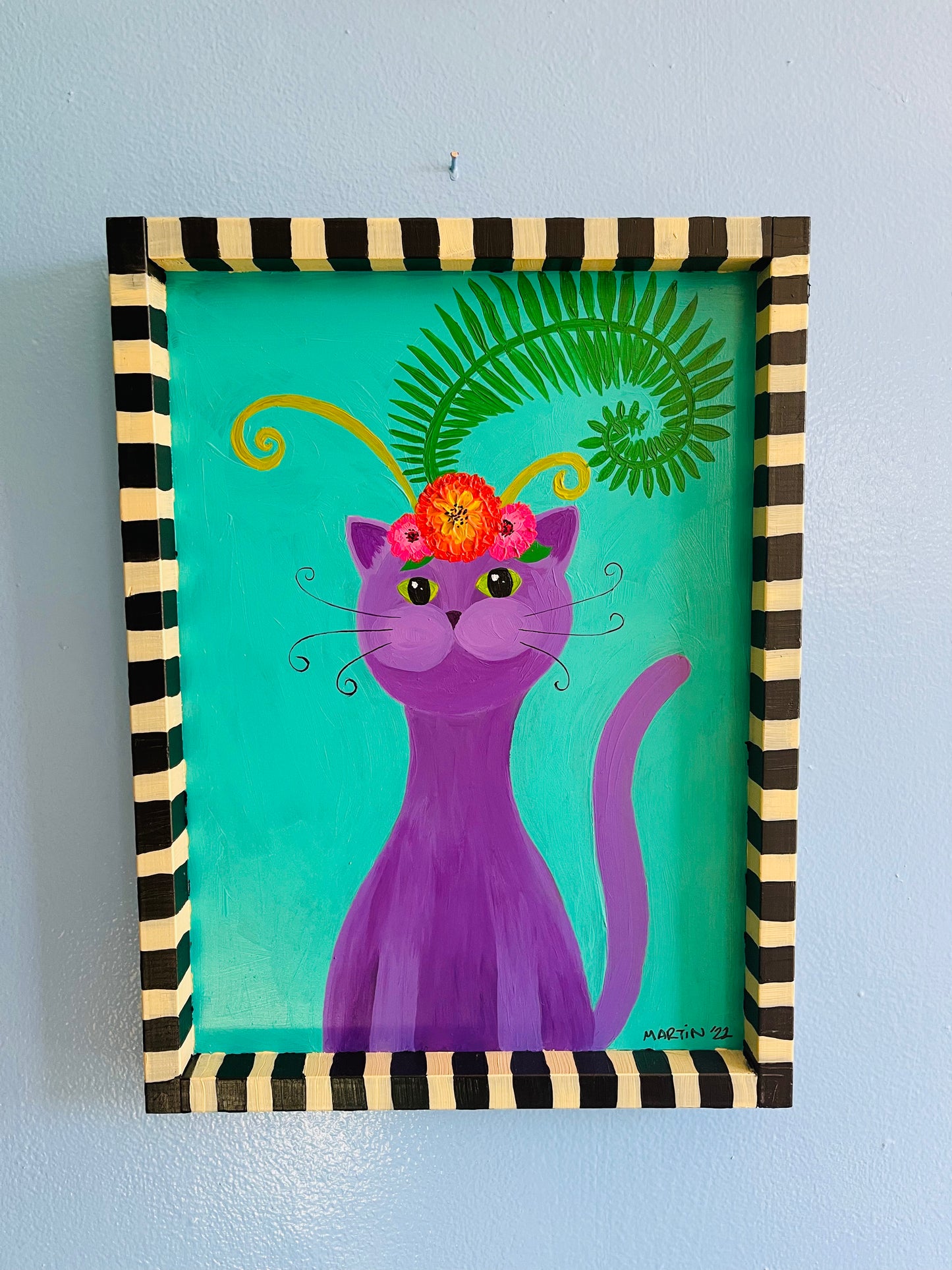 Purple Kitty with Flower Crown - Acrylic on 12x16" Framed Wood Panel - FREE SHIPPING IN US