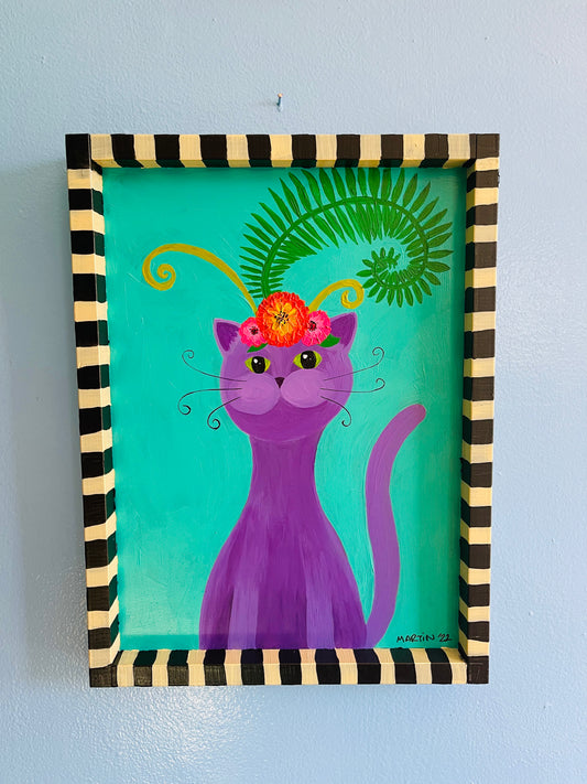 Purple Kitty with Flower Crown - Acrylic on 12x16" Framed Wood Panel - FREE SHIPPING IN US
