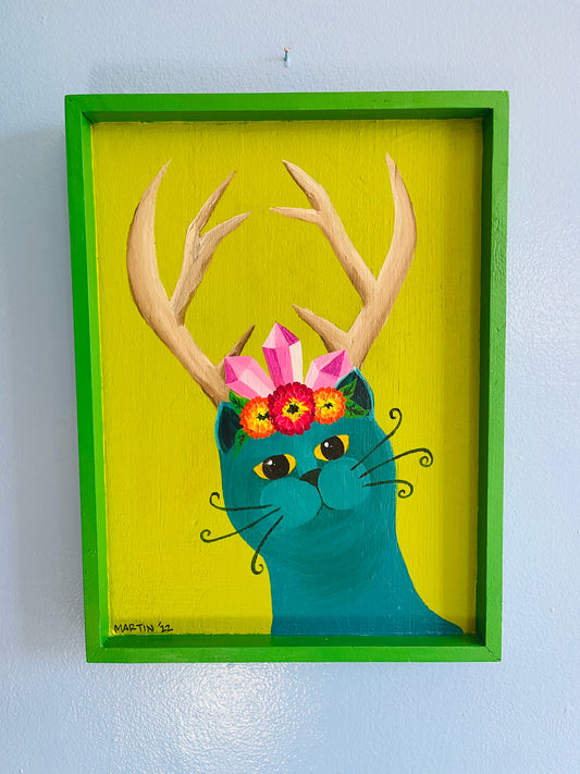 Teal Cat-a-lope - Acrylic on 12x16" Framed Wooden Panel - Free Shipping in US