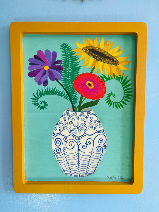Late Summer Flowers in Chinoiserie Vase - Acrylic on 15.5x20.5" Framed Wooden Panel - FREE SHIPPING IN US