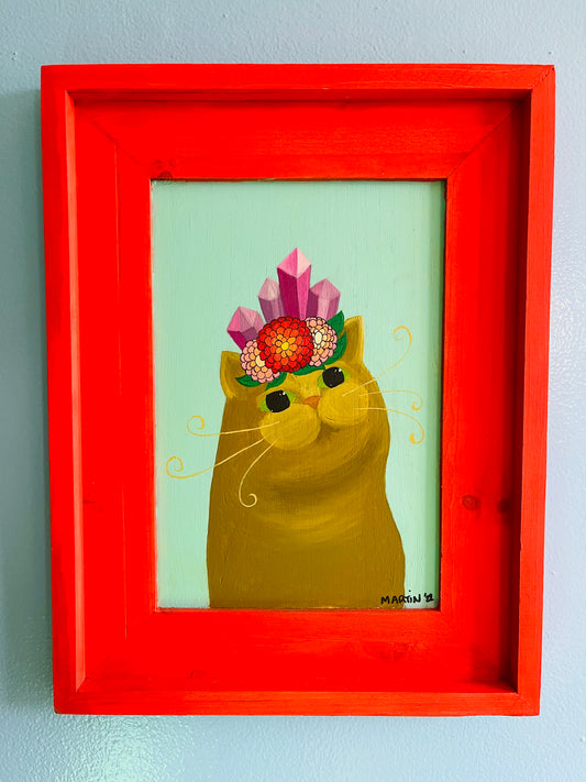 Olive Crystal Crown Cat - Acrylic on 12x15.5" Framed Wooden Panel - FREE SHIPPING IN US
