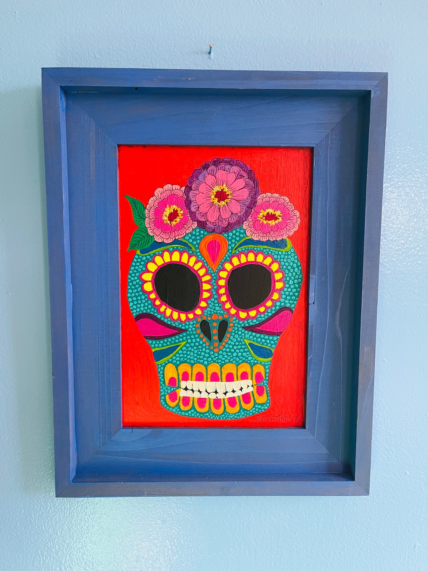 Intricate Teal Sugar Skull - Acrylic on 12x15.5" Framed Wooden Panel - FREE SHIPPING IN US