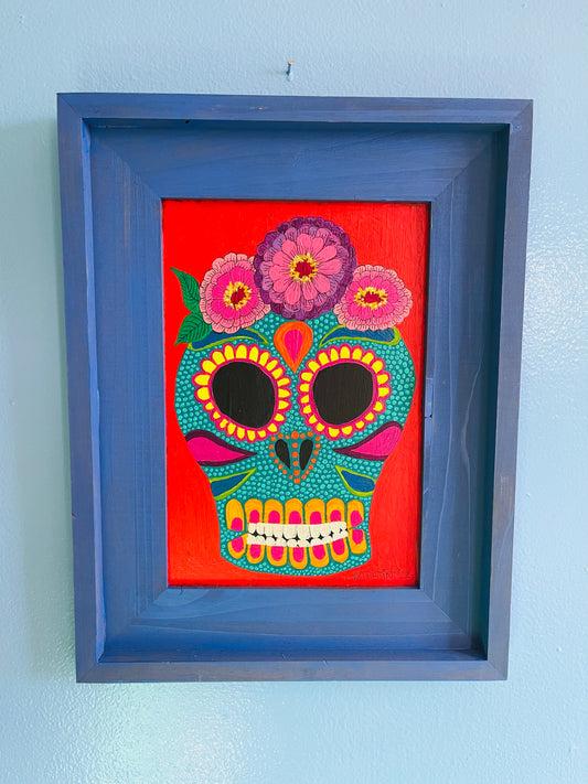 Intricate Teal Sugar Skull - Acrylic on 12x15.5" Framed Wooden Panel - FREE SHIPPING IN US