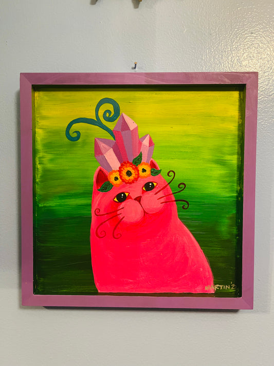 Pink Crystal Cat on Green Background - Acrylic on 12x12" Framed Wood Panel - FREE SHIPPING IN THE US