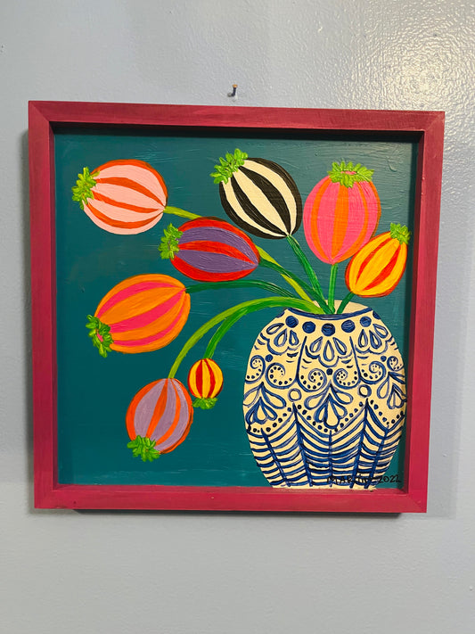 Funky Flowers in Chinoiserie Vase - Acrylic on 12x12" Framed Wooden Panel - FREE SHIPPING IN US