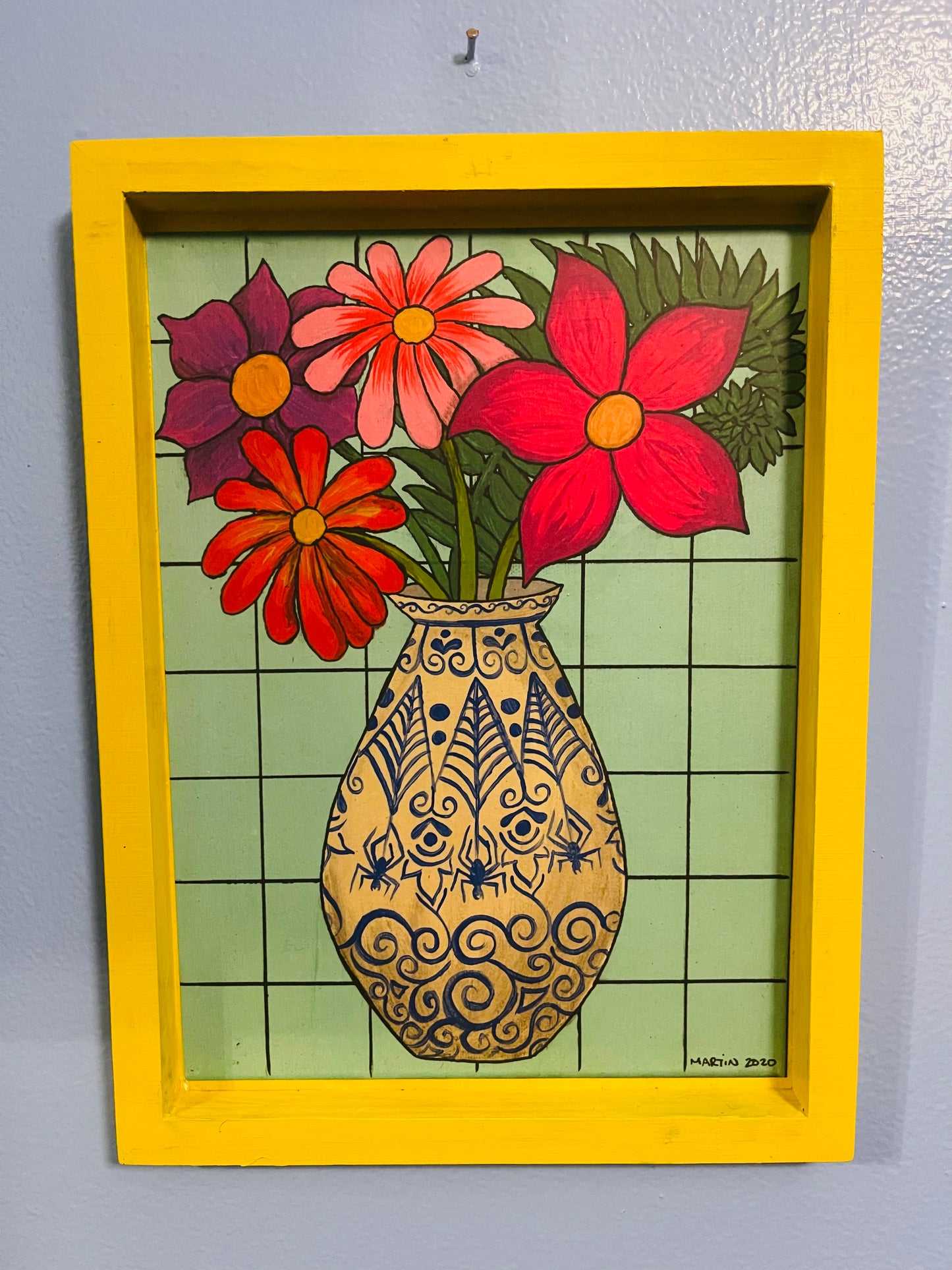 Flowers in Chinoiserie Vase on Grid Background - High Quality Print mounted to painted 9xx12" framed wooden panel - FREE SHIPPING IN US