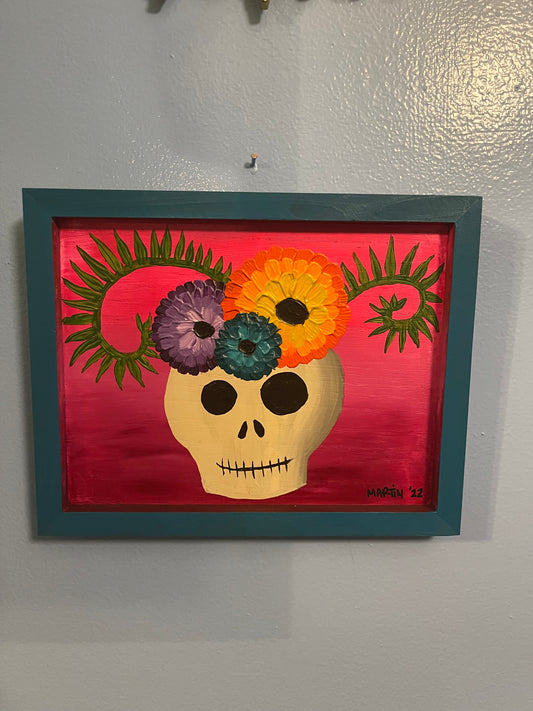 Zinnias in Skull Vase - Acrylic on 8x10" framed wooden panel - FREE SHIPPING IN US
