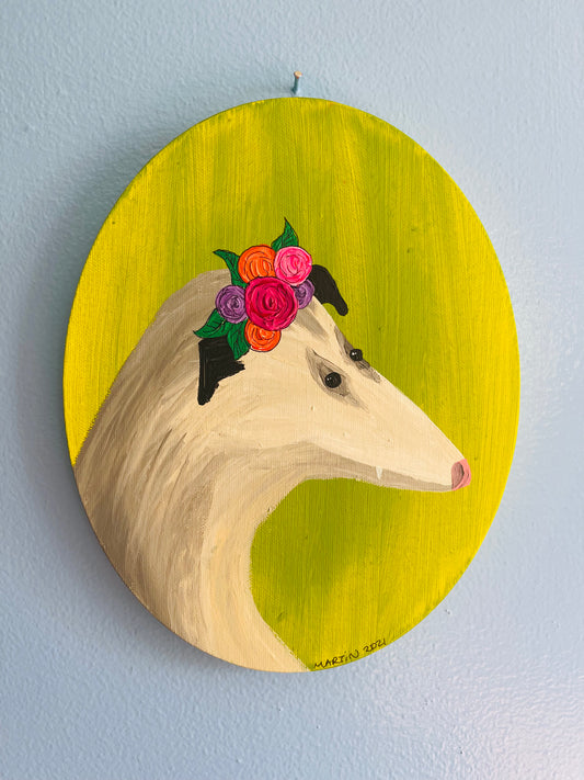Opossum with Flower Crown - Acrylic on 8x10" Oval Canvas - FREE SHIPPING IN US
