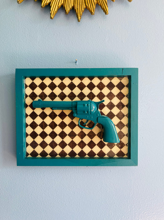 Teal Toy Gun on Harlequin Background - 3D Collage on 8x10" Framed Wooden Panel - FREE SHIPPING IN US