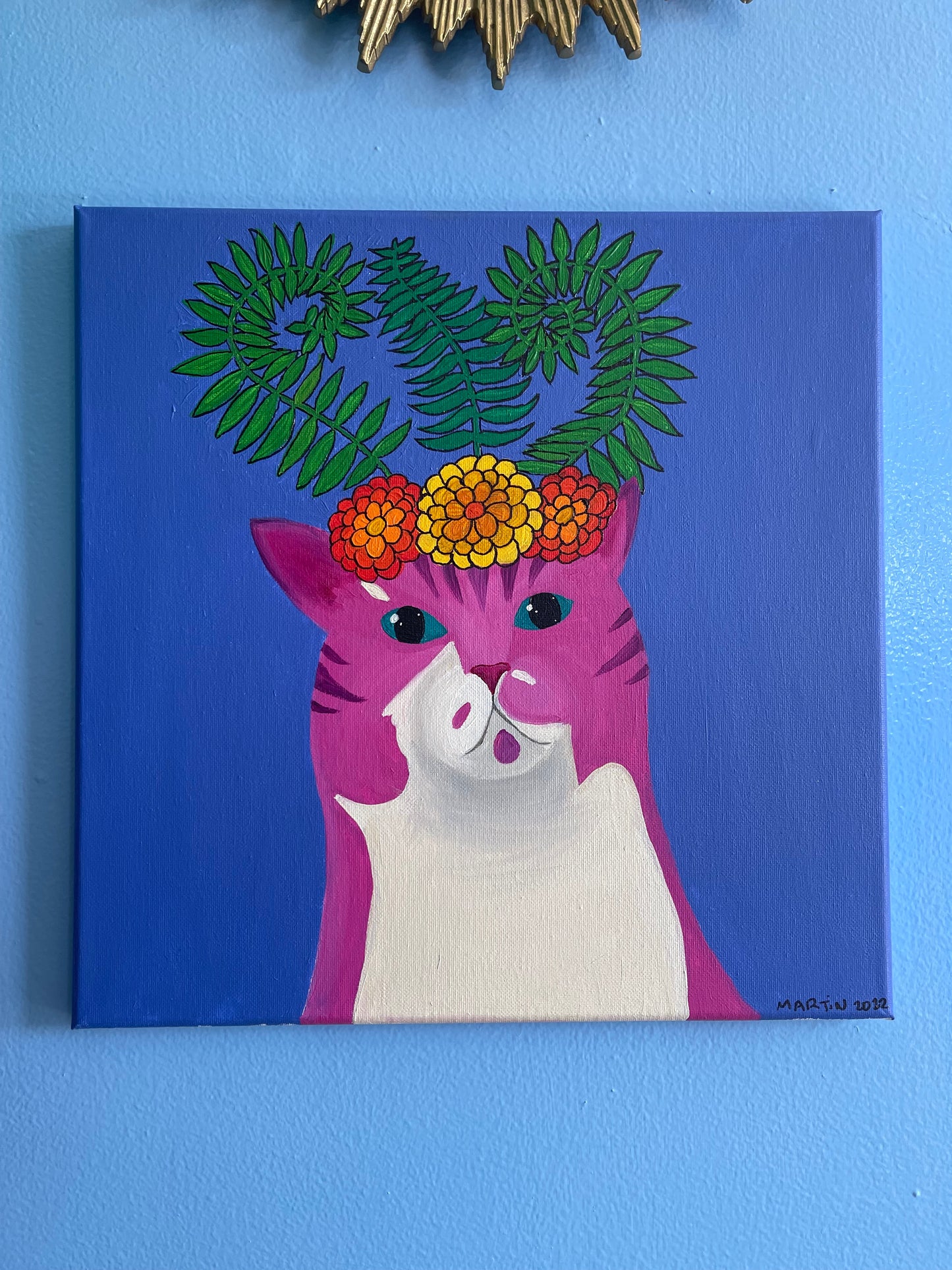 Grumpy Pink Cat - Original art - 14x14"square canvas - FREE SHIPPING