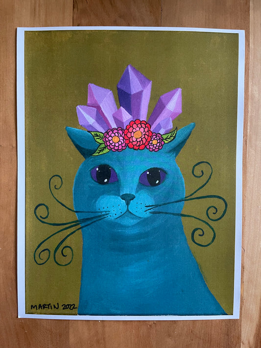 Teal Crystal Crown Cat - 8.5x11in print - FREE SHIPPING