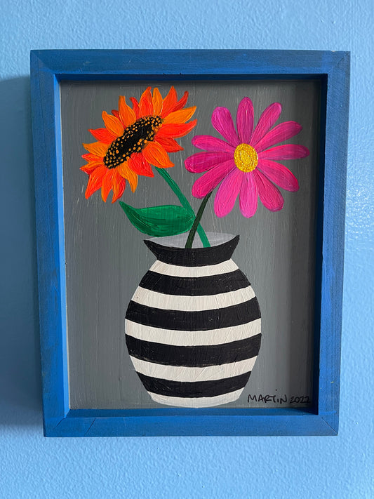 Daisy and Sunflower in Black and White Striped Vase - Original Art on 8x10" Framed Wooden Panel - FREE SHIPPING IN US