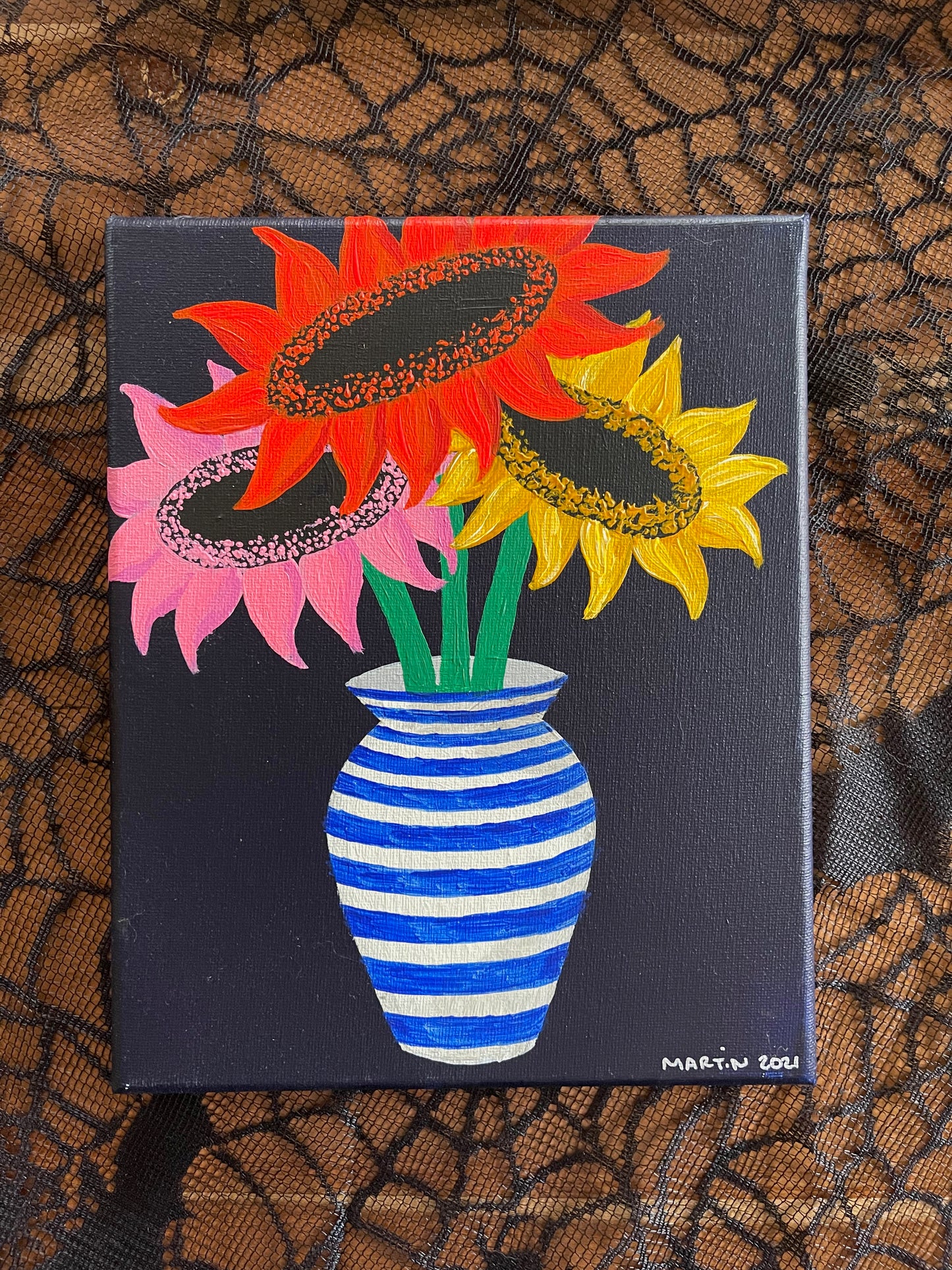 Three Sunflowers in Blue Striped Vase - Original Art on 8x10" canvas - *FREE SHIPPING*
