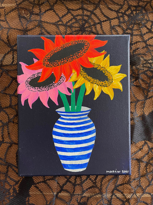 Three Sunflowers in Blue Striped Vase - Original Art on 8x10" canvas - *FREE SHIPPING*