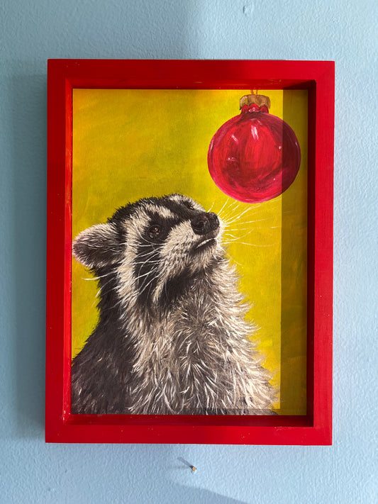 Christmas Raccoon mounted print - 9x12 - FREE SHIPPING IN US