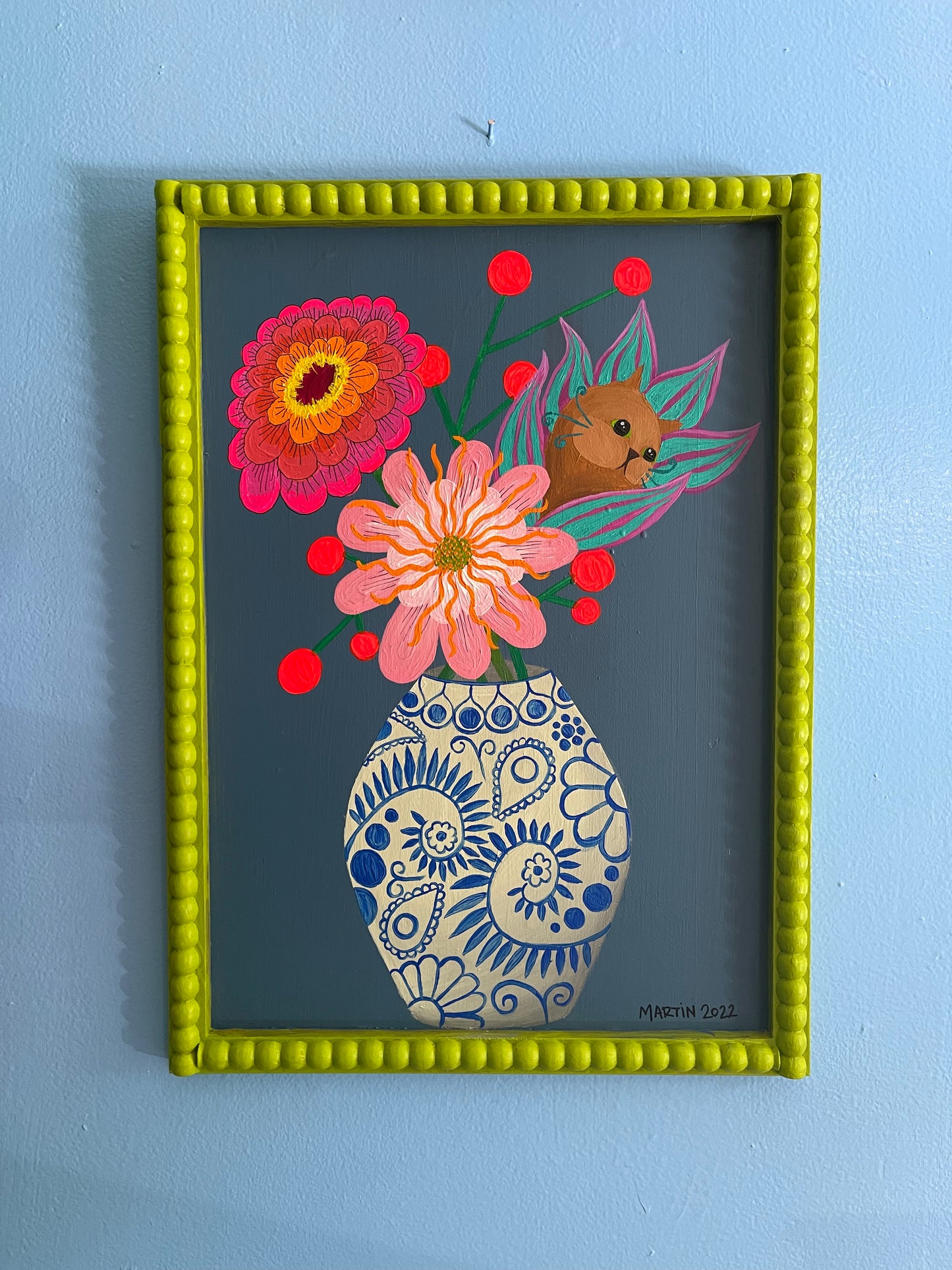These flowers are a bit off. Original art on 13.58x18.78” framed wood panel. Free shipping in the US.