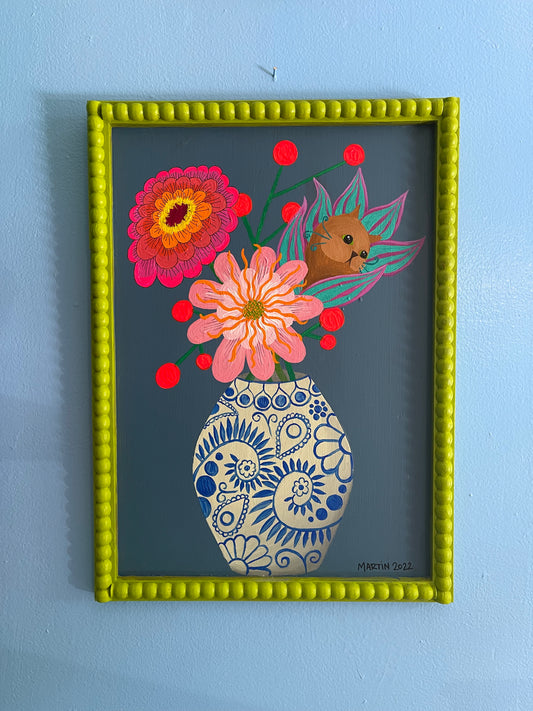 These flowers are a bit off. Original art on 13.58x18.78” framed wood panel. Free shipping in the US.