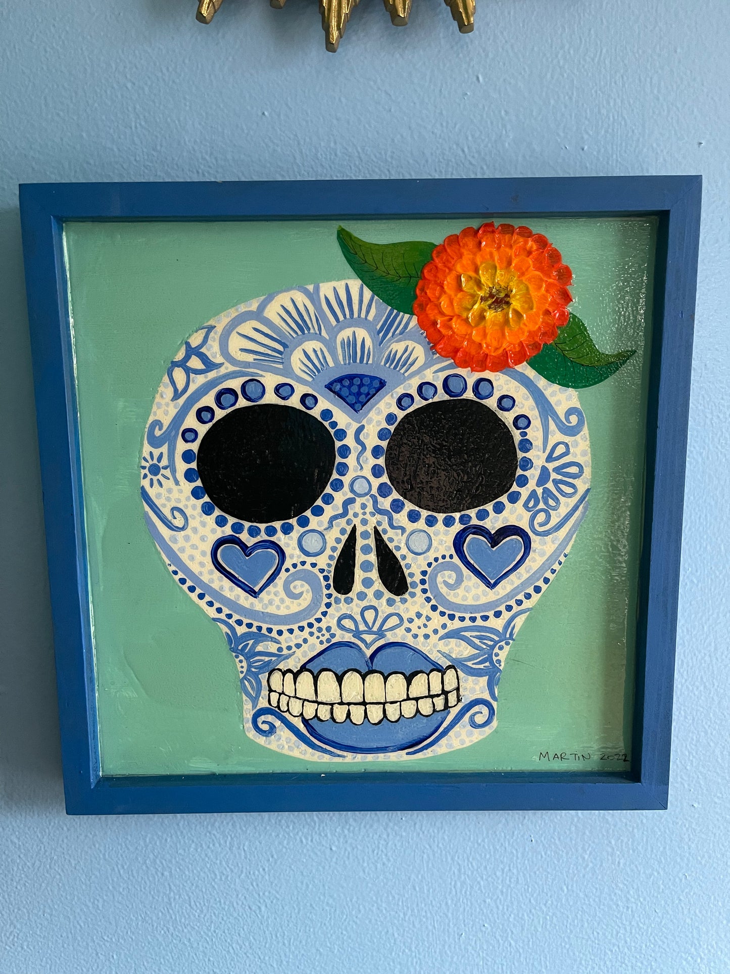 Blue Sugar Skull - Acrylic on 12x12" Framed Wood Panel - FREE SHIPPING IN THE US